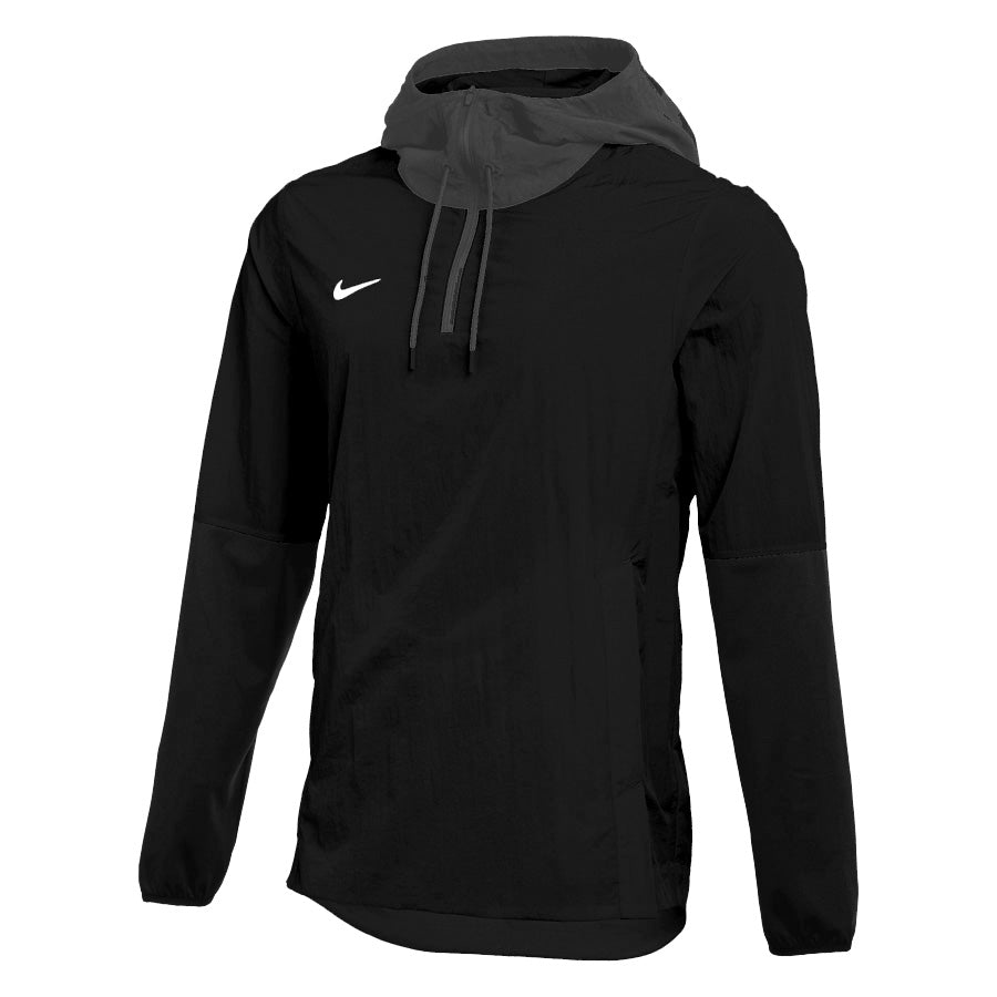 The Nike long-sleeve, black hoodie with an oversized hood provides lightweight coverage. Featuring a white embroidered Nike logo on the upper left chest, its minimalist design stands out as a competitor to the sought-after Nike Team Player Jacket.