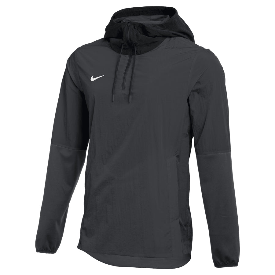The Nike Team Player Jacket, designed by Nike, is a black long-sleeve garment with an oversized hood and a subtle white swoosh logo on the chest. It includes a front drawstring for adjustable fit, providing lightweight coverage and a sporty style ideal for any athletic activity.