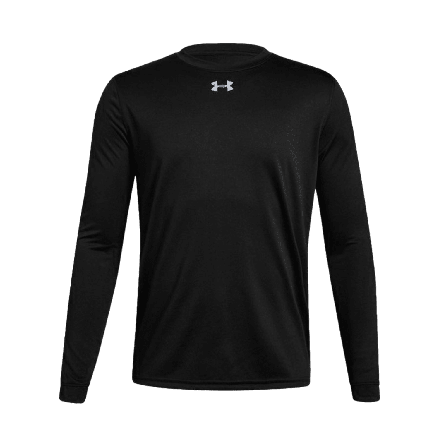 The UA Youth Locker LS T-Shirt by Under Armour is a black long-sleeve athletic shirt showcasing a small white logo near the neckline, made from quick-drying fabric. Its simple design, free from additional patterns or details, makes it an ideal choice for active youth seeking comfort and style.