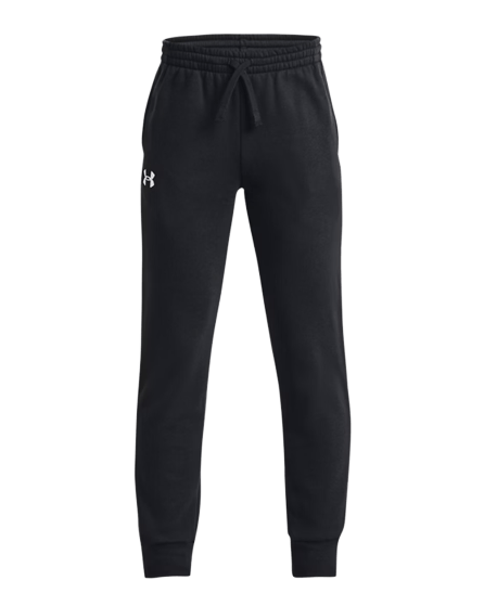 The Under Armour 1357628 jogger pants come in black and feature a drawstring waist with elastic cuffs, along with a subtle white Under Armour logo on the left thigh.